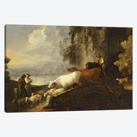 A River Landscape with Rustic Lovers, a Mounted Herdsman Driving Cattle and Sheep over a Bridge with a Ruined Castle Beyond  Canvas Print #BMN5132} by Thomas Gainsborough Art Print