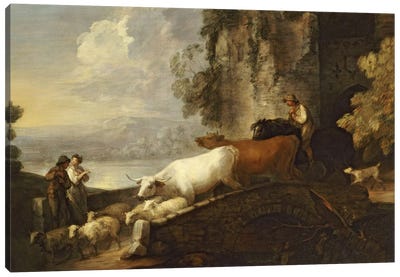 A River Landscape with Rustic Lovers, a Mounted Herdsman Driving Cattle and Sheep over a Bridge with a Ruined Castle Beyond  Canvas Art Print