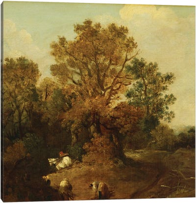 A Wooded Landscape with Faggot Gatherers by a Path, a White Horse Tethered Beyond Canvas Art Print