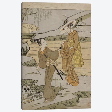 A summer scene on a raised embankment of a young man cutting an aubergine to give to his young lady companion  Canvas Print #BMN5134} by Suzuki Harunobu Canvas Wall Art