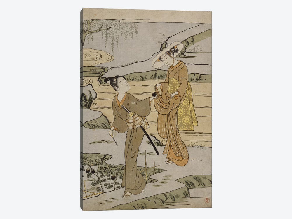 A summer scene on a raised embankment of a young man cutting an aubergine to give to his young lady companion  by Suzuki Harunobu 1-piece Canvas Art Print