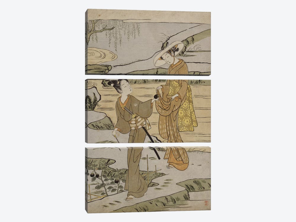 A summer scene on a raised embankment of a young man cutting an aubergine to give to his young lady companion  by Suzuki Harunobu 3-piece Canvas Print