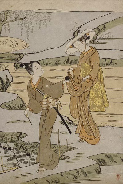 A summer scene on a raised embankment of a young man cutting an aubergine to give to his young lady companion 