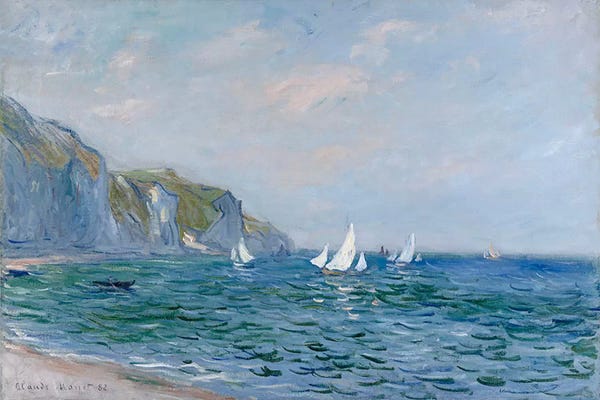 Moody Blue: Cliffs and Sailboats at Pourville  by Claude Monet