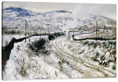 Train in the Snow at Argenteuil  Canvas Art Print - Railroads