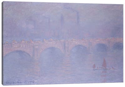 Waterloo Bridge, Hazy Sunshine  Canvas Art Print - Purple Art