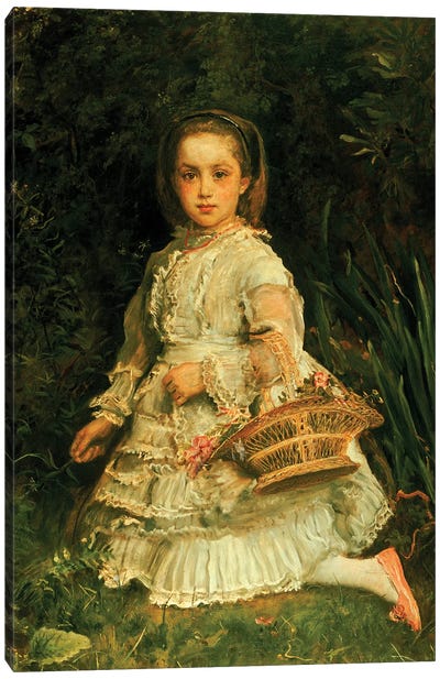 Portrait of Gracia, full length, wearing a white dress, picking wild flowers  Canvas Art Print