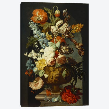 Tulips, Roses, Hyacinth, Auricula And Other Flowers In A Sculpted Urn On A Stone Pedestal In A Niche Canvas Print #BMN5271} by Jan van Huysum Canvas Art
