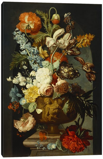 Tulips, Roses, Hyacinth, Auricula And Other Flowers In A Sculpted Urn On A Stone Pedestal In A Niche Canvas Art Print