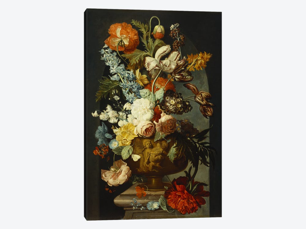 Tulips, Roses, Hyacinth, Auricula And Other Flowers In A Sculpted Urn On A Stone Pedestal In A Niche 1-piece Canvas Wall Art