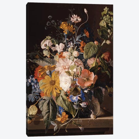Poppies, Hollyhock, Morning Glory, Viola, Daisies, Sweet Pea, Marigolds and other Flowers in a Vase with a Snail on a Ledge  Canvas Print #BMN5272} by Jan van Huysum Canvas Artwork