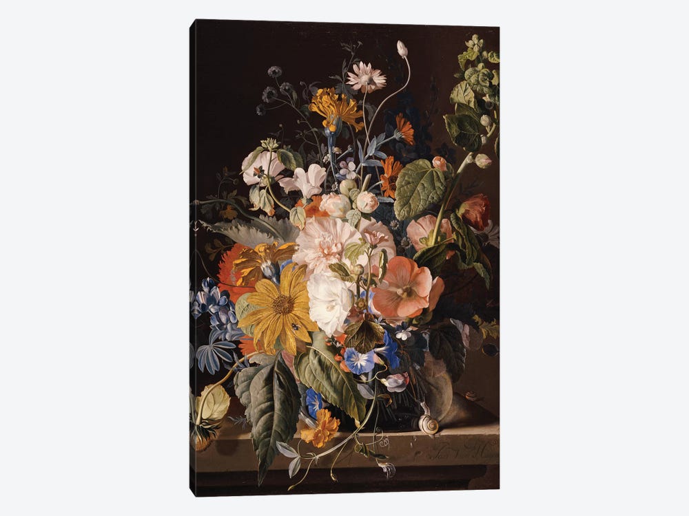 Poppies, Hollyhock, Morning Glory, Viola, Daisies, Sweet Pea, Marigolds and other Flowers in a Vase with a Snail on a Ledge  by Jan van Huysum 1-piece Canvas Print