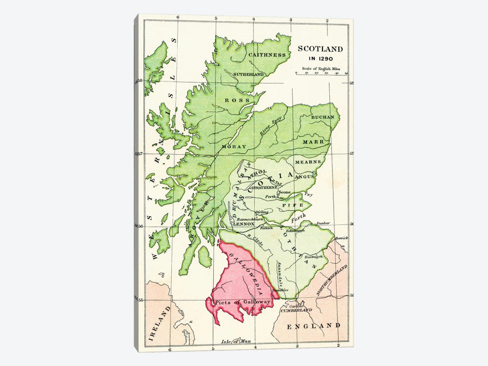 Map of Scotland in 1290, from 'A Short History of the English People' by J. R. Green, published 1893  by English School 1-piece Canvas Wall Art
