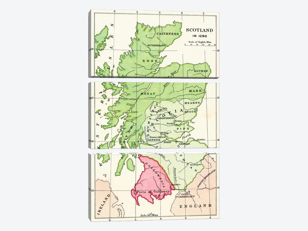 Map of Scotland in 1290, from 'A Short History of the English People' by J. R. Green, published 1893  3-piece Canvas Artwork