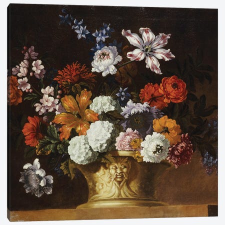 Tulips, snowballs and other flowers in a sculpted urn on a ledge  Canvas Print #BMN5347} by Pieter Casteels Canvas Print