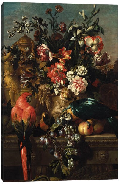 Carnations and other flowers with parrots on a pedestal  Canvas Art Print