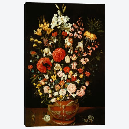 Tulips, lilies, irises, roses, carnations, peonies and other flowers in a sculpted terracotta urn  Canvas Print #BMN5352} by Osias the Elder Beert Art Print