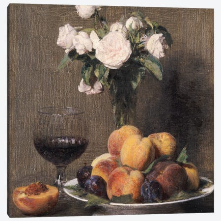 Still life with roses, fruit and a glass of wine, 1872  Canvas Print #BMN5354} by Ignace Henri Jean Theodore Fantin-Latour Canvas Artwork