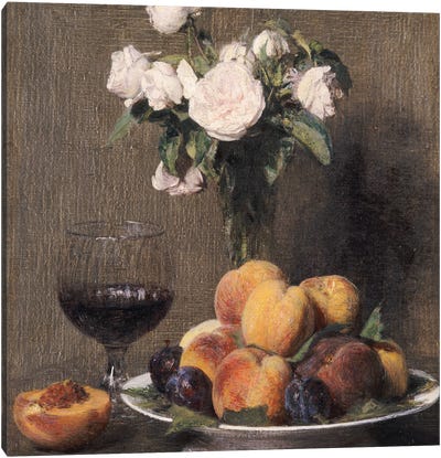 Still life with roses, fruit and a glass of wine, 1872  Canvas Art Print