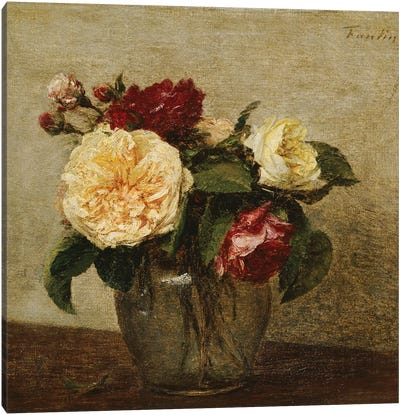 Red and Yellow Roses, 1879  Canvas Art Print - Pottery Still Life
