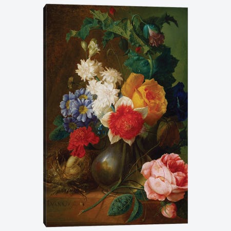 Roses, poppies, morning glory and other flowers in a vase with a bird's nest on a ledge  Canvas Print #BMN5400} by Jan van Os Canvas Art Print