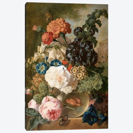 Roses, chrysanthemums, peonies and other flowers in a glass vase with goldfish on a stone ledge  Canvas Print #BMN5401} by Jan van Os Art Print