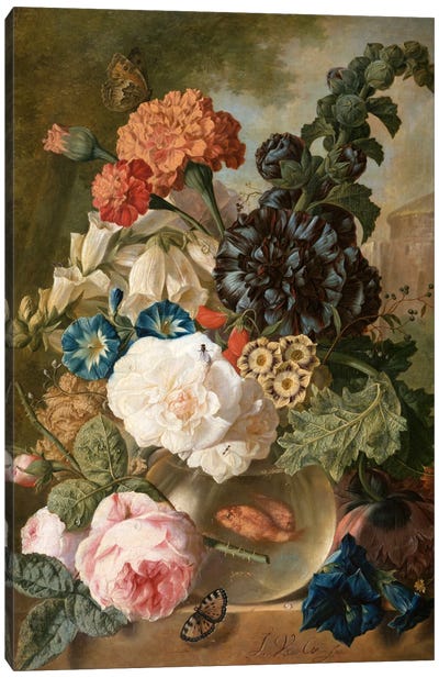 Roses, chrysanthemums, peonies and other flowers in a glass vase with goldfish on a stone ledge  Canvas Art Print