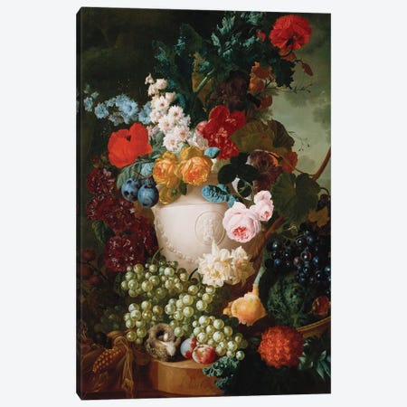 Roses, poppies and other flowers in a sculpted vase with fruit, a mouse and a bird's nest on a stone ledge  Canvas Print #BMN5403} by Jan van Os Canvas Art Print