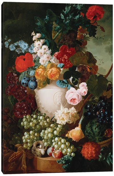 Roses, poppies and other flowers in a sculpted vase with fruit, a mouse and a bird's nest on a stone ledge  Canvas Art Print