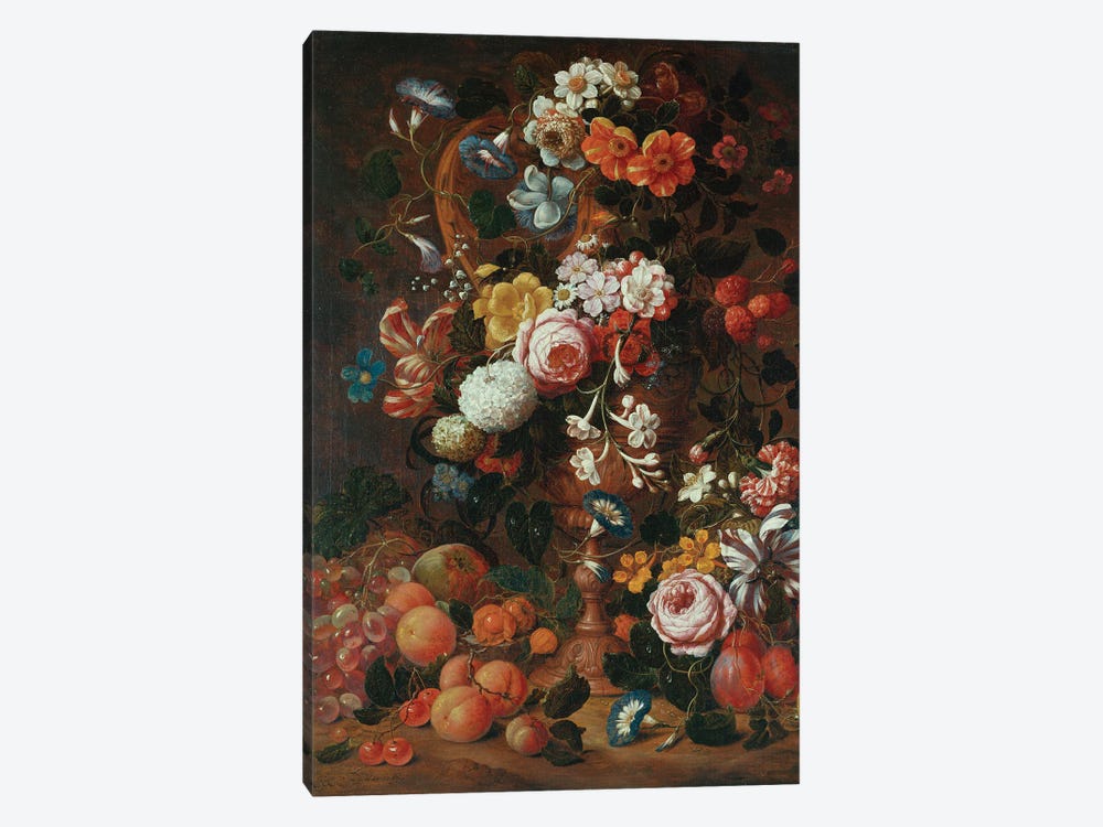 Roses, dahlias, convolvulus, a tulip and other flowers, in a sculpted urn, with grapes, plums and peaches nearby  by Nicholaes van Verendael 1-piece Canvas Art