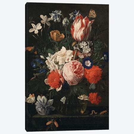 A rose, a tulip, morning glory and other flowers in a glass vase on a stone ledge, 1671  Canvas Print #BMN5405} by Nicholaes van Verendael Canvas Wall Art