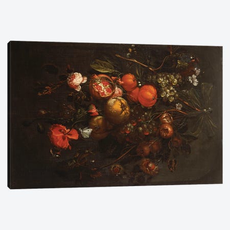 A Bouquet of Fruit and Flowers hanging from a Nail in a Niche  Canvas Print #BMN5406} by Cornelis de Heem Canvas Art