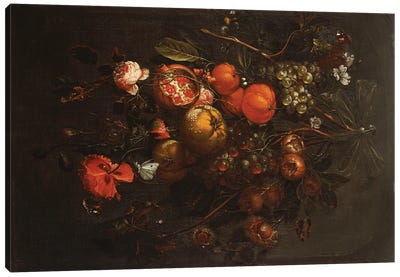 A Bouquet of Fruit and Flowers hanging from a Nail in a Niche  Canvas Art Print