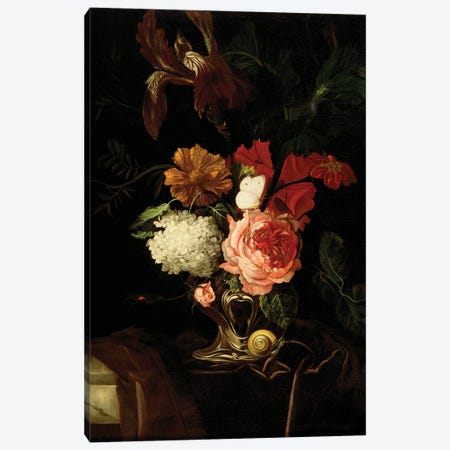 A Rose, and Iris, Lilac and other Flowers in an Auricular Silver Vase with a Snail and a Butterfly on a draped Ledge  Canvas Print #BMN5411} by Willem van Aelst Canvas Artwork