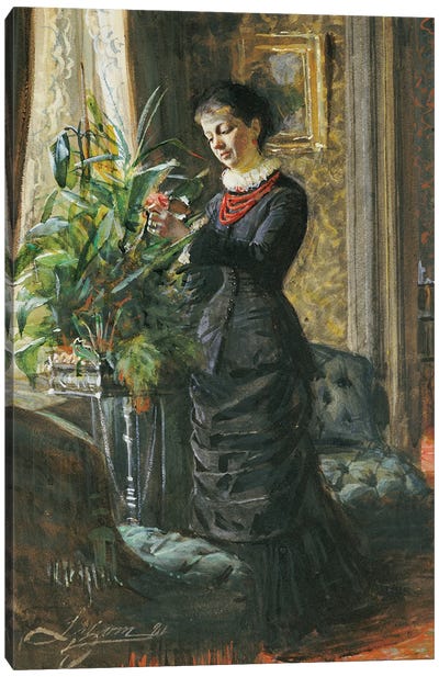 Portrait of Fru Lisen Samson, nee Hirsch, arranging Flowers at a Window, 1881  Canvas Art Print