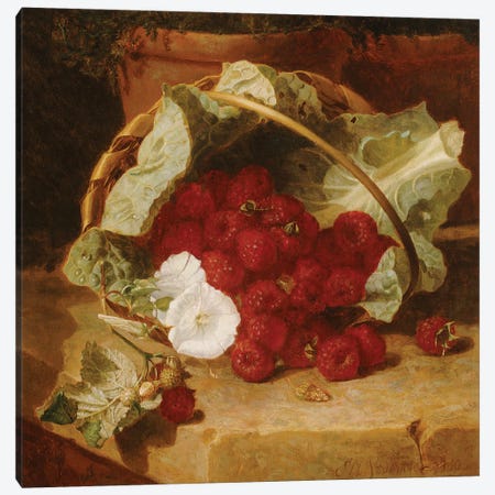 Raspberries in a Cabbage Leaf Lined Basket with White Convulvulus on a Stone Ledge, 1880  Canvas Print #BMN5458} by Eloise Harriet Stannard Canvas Art