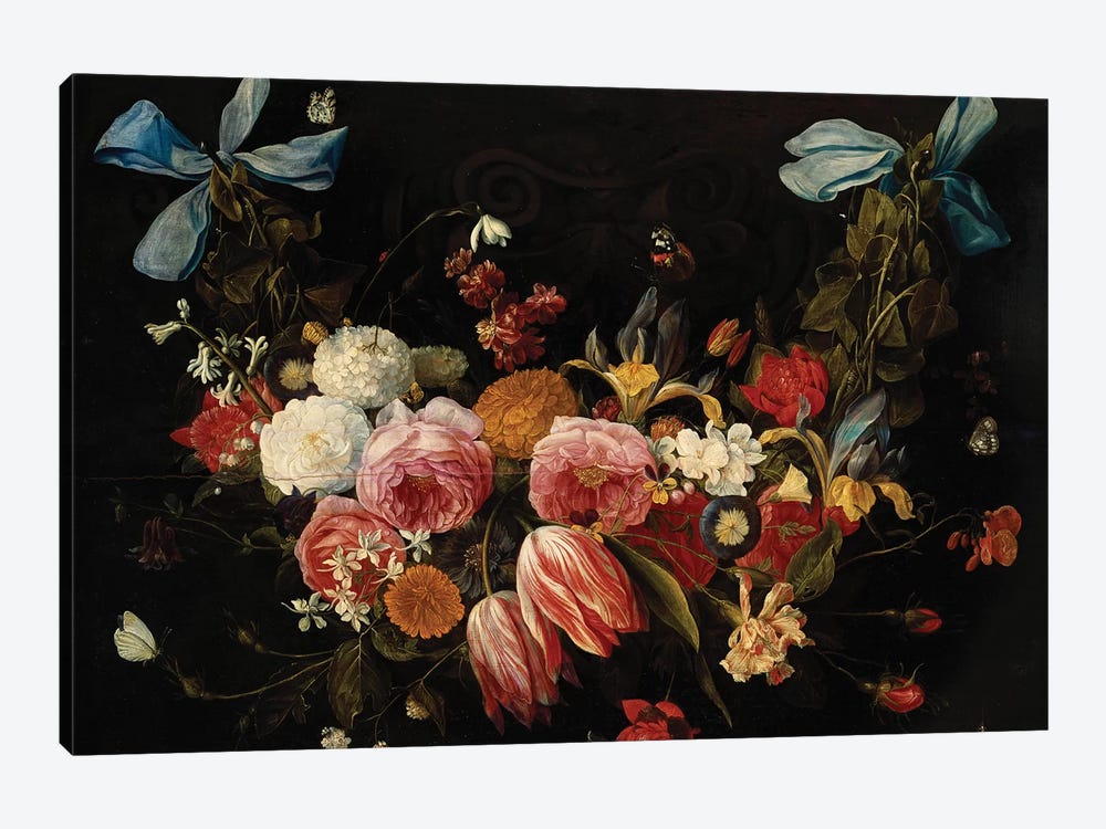 A Swag of Roses, Tulips, Dahlias and other Flowers  by Jan van Kessel 1-piece Canvas Art