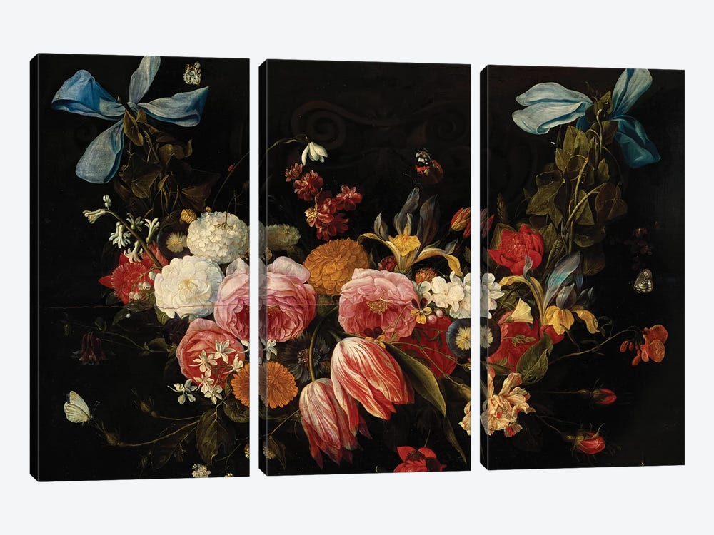 A Swag of Roses, Tulips, Dahlias and other Flowers  by Jan van Kessel 3-piece Canvas Artwork