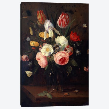 Roses, Tulips and other Flowers in a Glass Vase, with Insects, on a Table  Canvas Print #BMN5465} by Jan van Kessel Canvas Wall Art