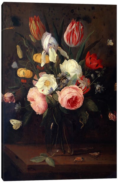 Roses, Tulips and other Flowers in a Glass Vase, with Insects, on a Table  Canvas Art Print