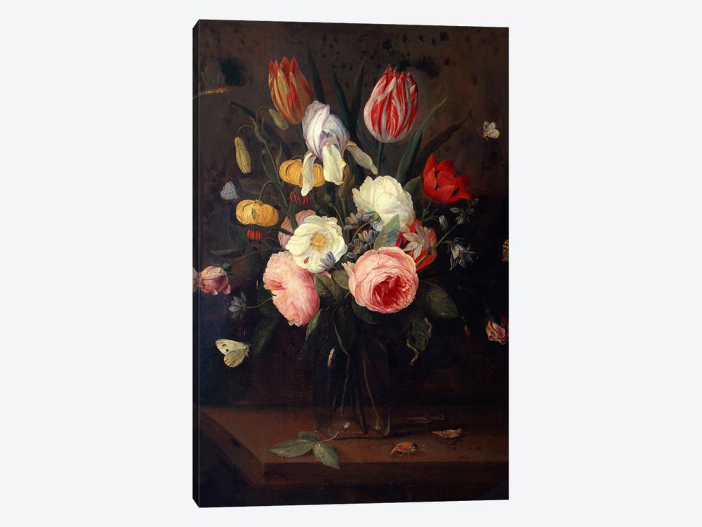 Roses, Tulips and other Flowers in a Glass Vase, with Insects, on a Table  1-piece Art Print