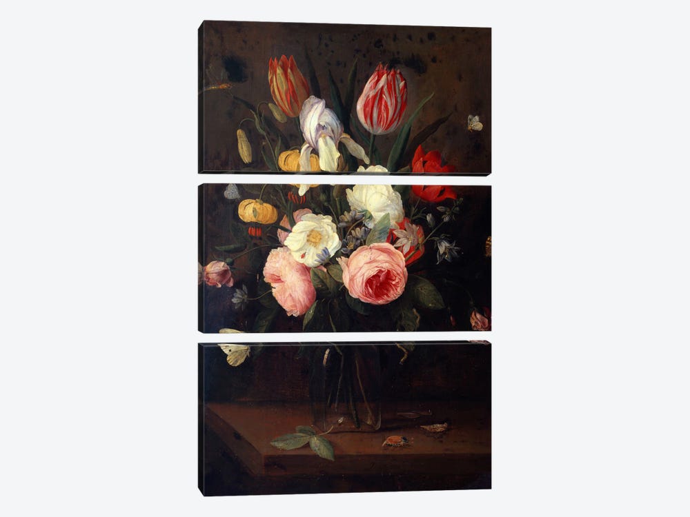 Roses, Tulips and other Flowers in a Glass Vase, with Insects, on a Table  3-piece Canvas Art Print