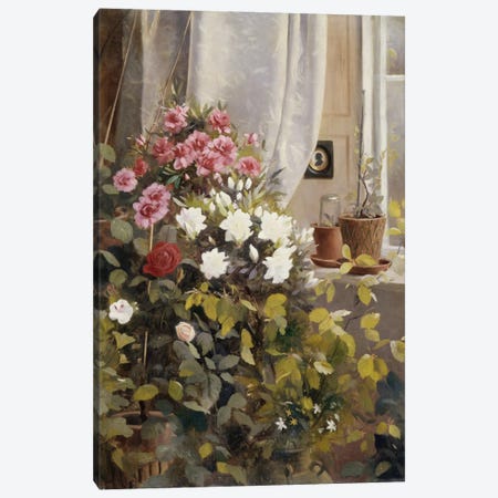 Azaleas, Geraniums, Roses and other Potted Plants by a Window, 1888  Canvas Print #BMN5466} by Carl Christian Carlsen Canvas Wall Art