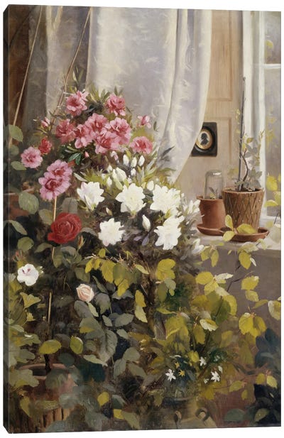 Azaleas, Geraniums, Roses and other Potted Plants by a Window, 1888  Canvas Art Print - Geranium Art