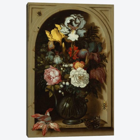 Irises, Roses, Lily of the Valley and other Flowers in a Glass Vase in a Niche, 1621  Canvas Print #BMN5475} by Balthasar van der Ast Canvas Art Print