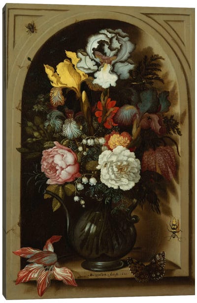 Irises, Roses, Lily of the Valley and other Flowers in a Glass Vase in a Niche, 1621  Canvas Art Print