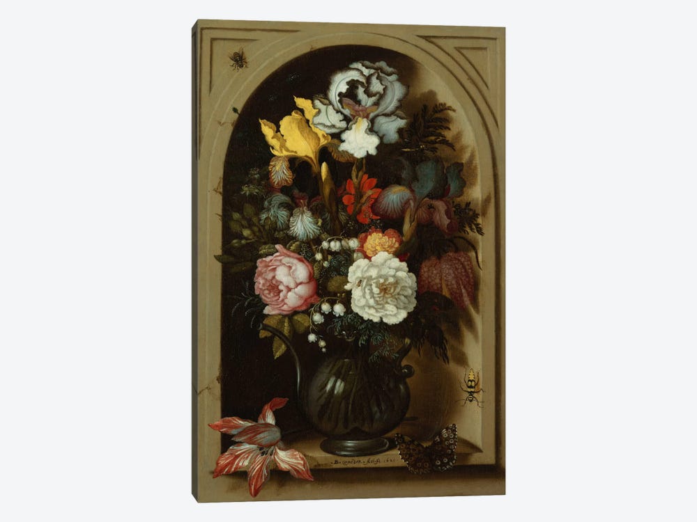 Irises, Roses, Lily of the Valley and other Flowers in a Glass Vase in a Niche, 1621  by Balthasar van der Ast 1-piece Canvas Artwork