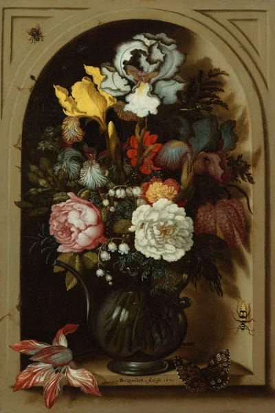 Irises: Irises, Roses, Lily of the Valley and other Flowers in a Glass Vase in a Niche, 1621  by Balthasar van der Ast