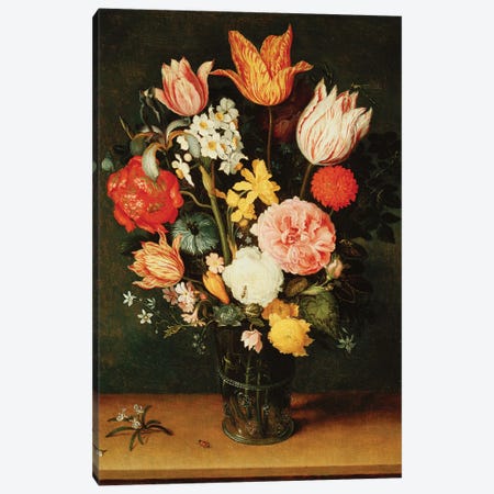Tulips, Roses and other Flowers in a Glass Vase  Canvas Print #BMN5476} by Balthasar van der Ast Canvas Art Print