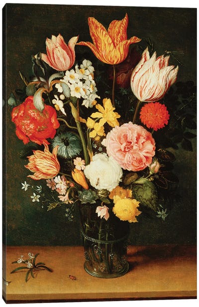 Tulips, Roses and other Flowers in a Glass Vase  Canvas Art Print